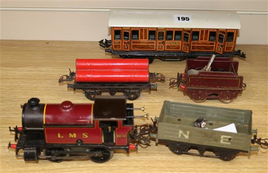 Hornby 0 gauge clockwork tank loco 2270, 2 similar wagons and a Bing Shortie LNER carriage